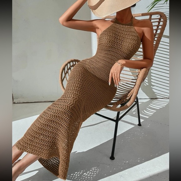 Boho Crochet Backless Halter Neck Bodycon Dress Cover Up - Picture 1 of 6